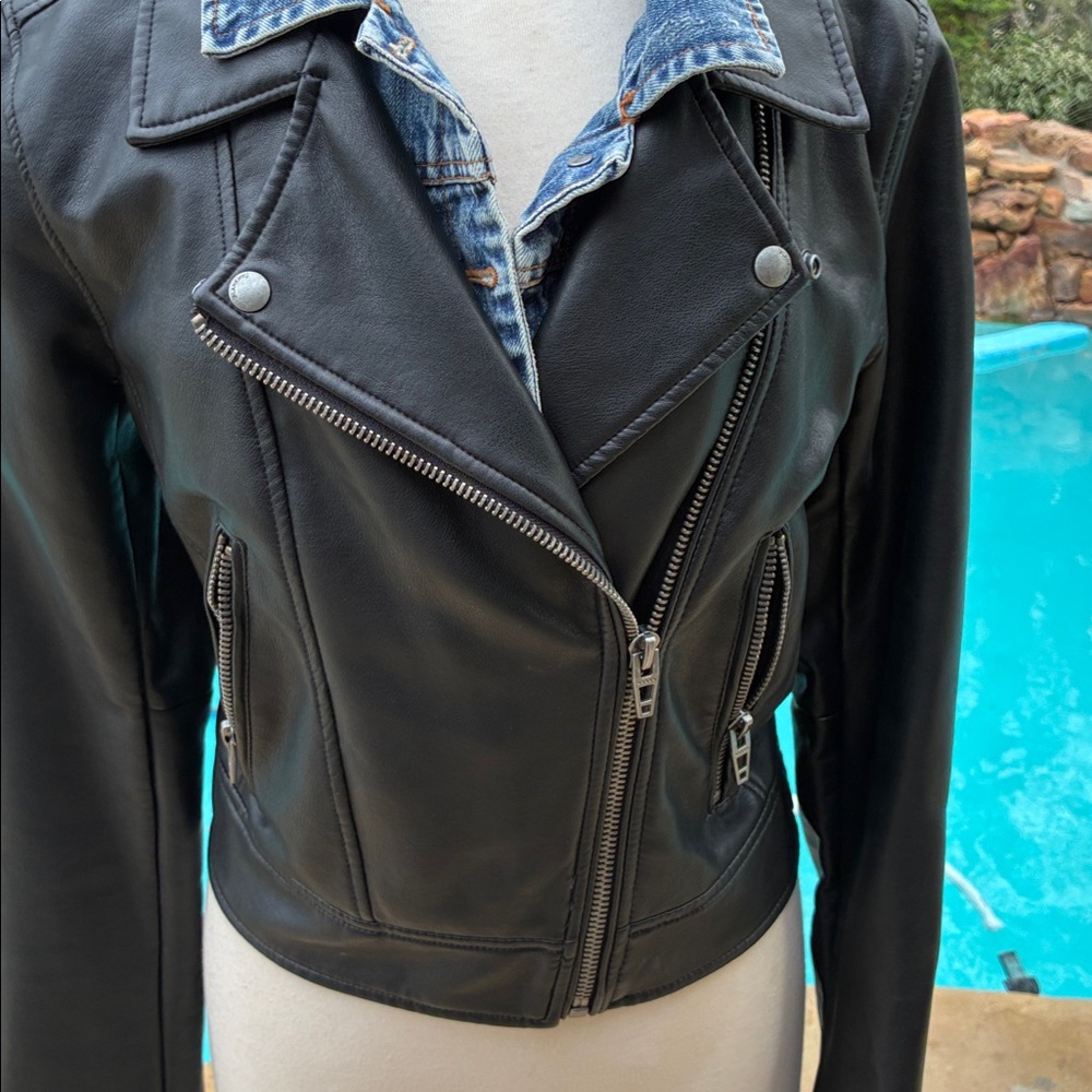 Blank NYC Black Faux Leather Moto Jacket with zip out Denim Collar Detail L - Picture 3 of 10